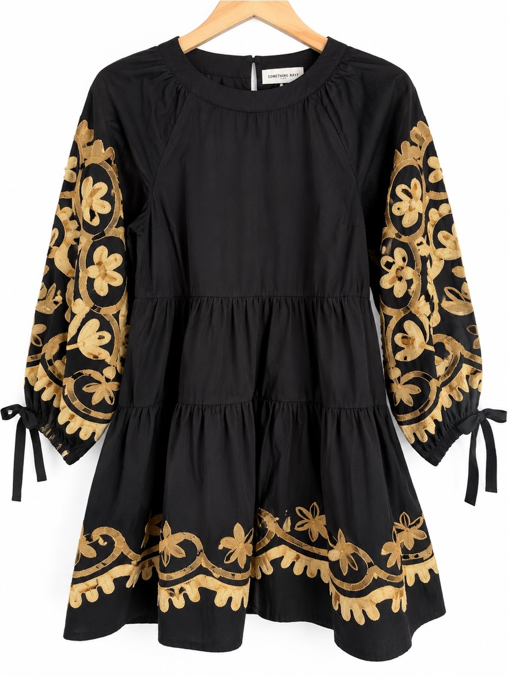 NWT Something Navy Boho Embroidered Tiered Mini Dress XS Black Gold